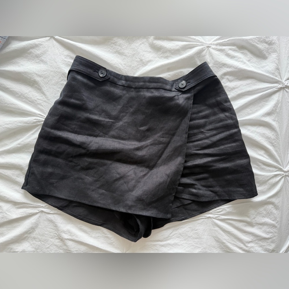 Reformation Black Linen Wrap Skort with Button Detail